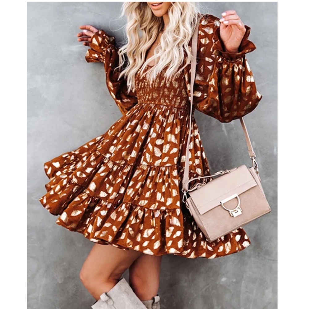 Long Sleeve Smocked Gold Leaf Ruffled Mini Dress